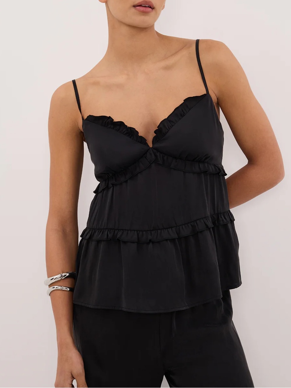 NWT Dissh 100% Silk Cami | Lena Black Sleeveless Frill Top